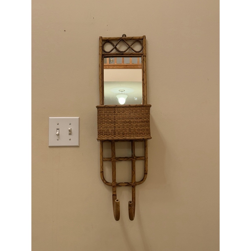 Vintage Rattan Bamboo Bathroom Vanity Mirror Wall Organizer Towel Holder